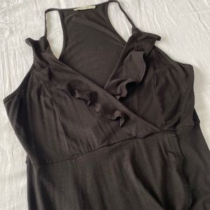 Black ruffled Acemi wrap dress. Perfect casual dress or beach cover-up. Sm/Med
